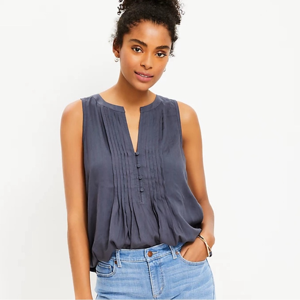Grey/blue Women’s Pintucked Button Split Neckshell blouse